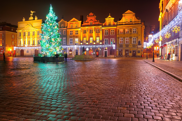 night lights of the city on Christmas night in Poznan. Central square